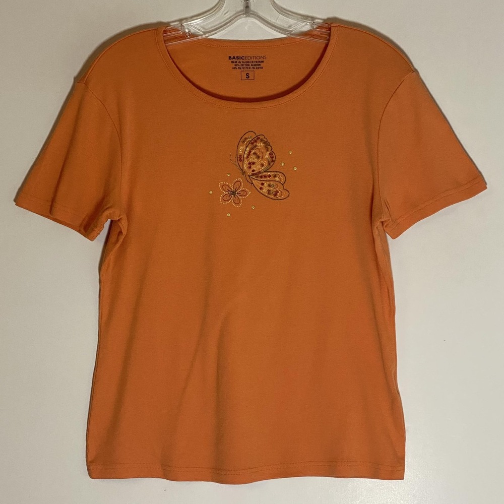 Basic Editions Shirt Womens Small Orange Butterfly Embroidered Scoop Neck Tee